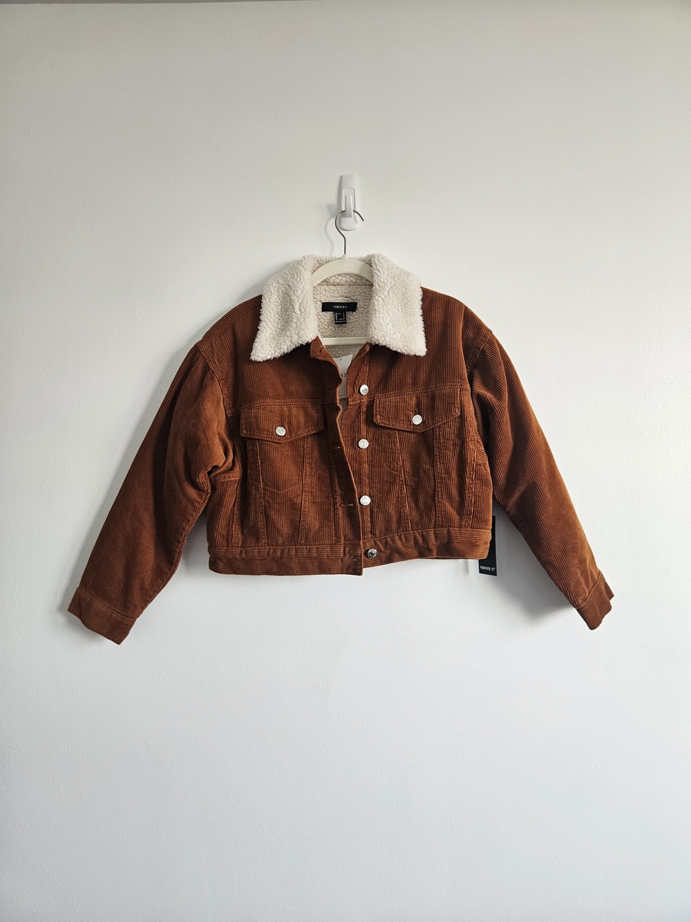 NWT Forever 21 S Burnt Orange Brown Corduroy Cropped Sherpa Lined Jacket Pockets